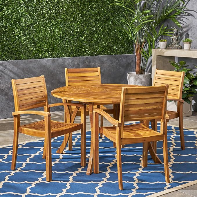 Christopher Knight Home Payne Outdoor 4-Seater Round Acacia Wood Dining Set, Teak Finish