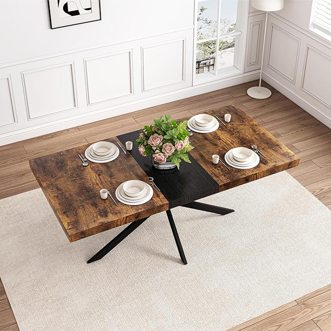 55.11" -70.86" Extendable Dining Room Table, Retro Folding Dining Tables for 4-6 People with Antique Wood Top/Black Fine Sand Cross Iron Foot Base/Storage Box, Black Brown