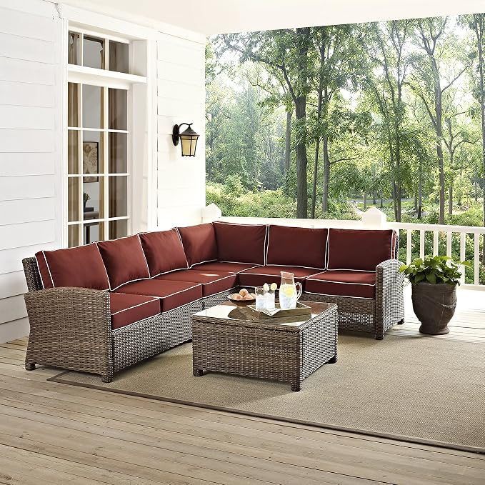 Crosley Furniture Bradenton 5-Piece Outdoor Sectional Sofa Wicker Conversation Patio Furniture Set for Deck, Brown with Sangria Cushions
