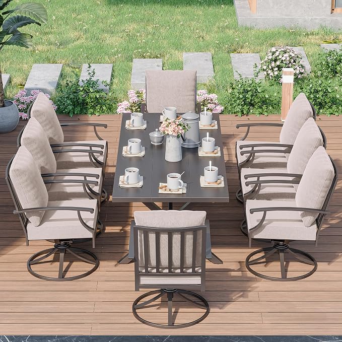 Kurapika 9 Pieces Patio Dining Set Outdoor Furniture with 8 Swivel Chairs, Metal Patio Furniture Set 8 Chairs and Large Table with Umbrella Cutout for Yard Porch Deck, Sand