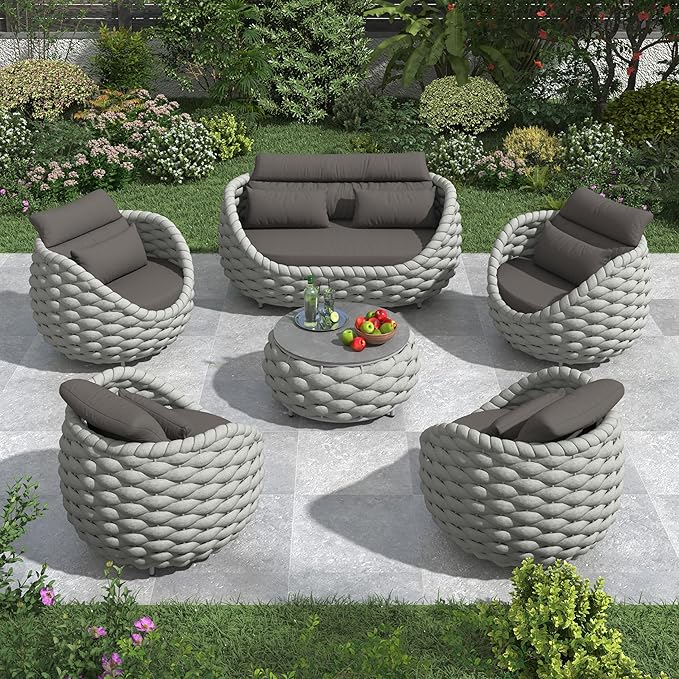 Cushioned Outdoor Patio Furniture Set: 6 Pieces Aluminum Porch Conversation Sofa Set - Modern Hand Woven Rope Deck Couch Set - No Assembly All Weather for 661lbs Yard Garden Poolside Hotel, Gray