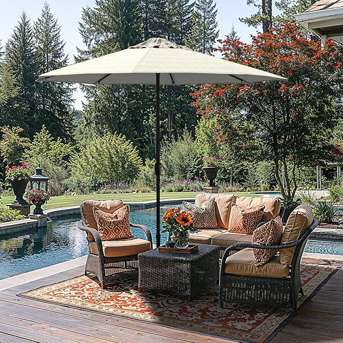 California Umbrella 8-Year Protection 9 Ft Outdoor Patio Umbrella, Solstice Fade-Resistant Fabric, Auto-Tilt, Heavy Duty Aluminum Frame, 8 Reinforced Ribs for Pool or Deck, Black Pole, Woven Granite