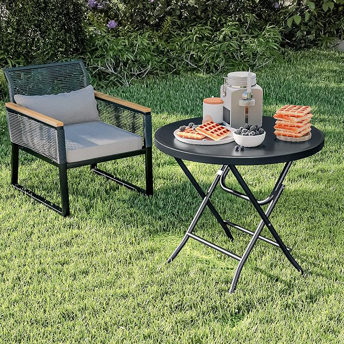 YITAHOME 32 Inch Round Folding Table for Outdoor/Indoor, Lightweight Foldable Table w/Thick Table Top and Sturdy Metal Frame, Ideal for Patio Backyard Dining Room Events, Black