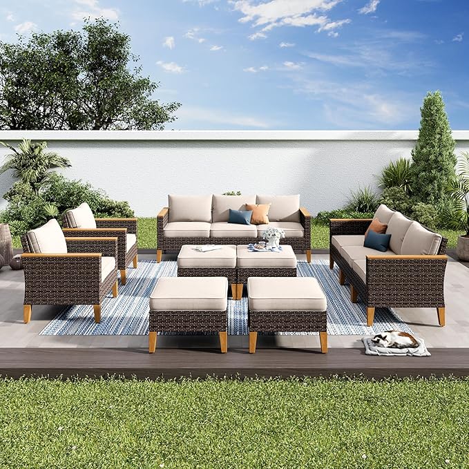 PHI VILLA 12 Seat Patio Furniture Set Outdoor Large 12 Pieces Wicker Conversation Sofa with Cushioned 2 x Single Rattan Sofa, 4 x Armrest Chair, 4 x Ottoman and 2 x Armless Chair, Beige
