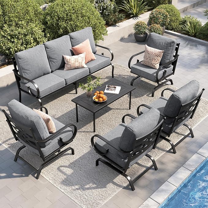 PHI VILLA Patio Furniture Set, 3-Seater Sofa, 4 Rocking Chairs and a Coffee Table, Outdoor Metal Conversation Set with 5.75" Extra Thick Cushion for Garden Backyard Deck, Grey