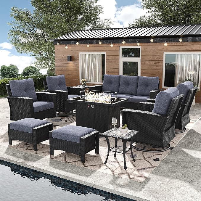 10 Pieces Outdoor Patio Furniture Set with Fire Pit Table, Wicker Patio Sectional Set Conversation Wicker Swivel Chairs with Small Side Table