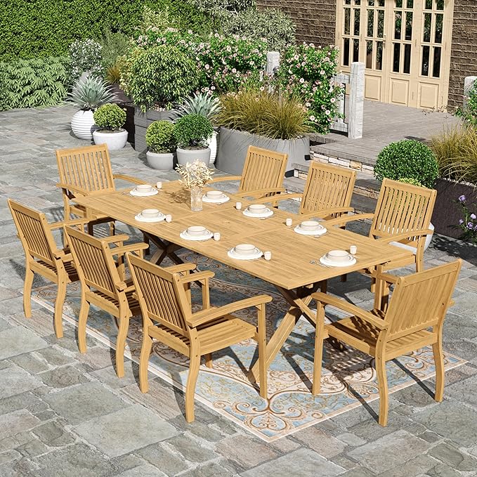 HERA'S HOUSE 9 Pieces Outdoor Dining Set, Wooden Patio Table and Chairs, Rectangular Expandable Acacia Wood Table Chairs Set for Backyard Garden Lawn Deck