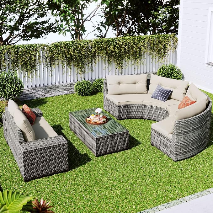 8-pieces Outdoor Patio Half-Moon Sectional Sofa Sets With Rectangular Coffee Table, All Weather PE Rattan Wicker Curved Sofa Set, Water-resistant and UV Protected Conversation Sets (Beige 8-pieces)