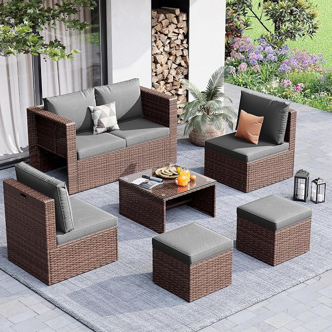Amopatio Patio Furniture Set,All-Weather Wicker Outdoor Conversation Set with Glass Coffee Table, Cushions & Ottomans for Deck Backyard Porch Lawn Brown/Grey