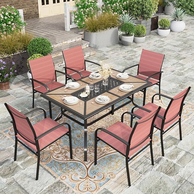 HERA'S HOUSE 7pc Patio Dining Set, Metal Table with PVC Top, Red Chairs | 61" rectangular table with umbrella hole, 6 textilene chairs. Waterproof, rust-resistant, all-weather for yard, porch