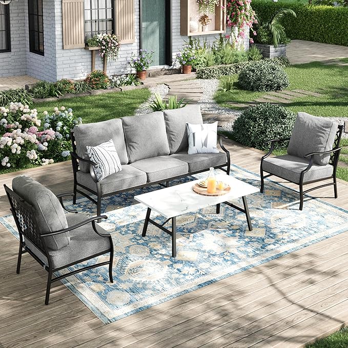 Patio Furniture Set 4 pcs, Metal Outdoor Patio Furniture, 3-Seat Sofa, 2 Single Chairs, Metal Coffee Table and 5.75" Extra Thick Cushion, Patio Conversation Set for Garden Backyard Deck,Grey