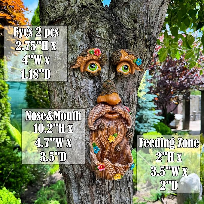 Mood Lab Tree Face Decor with Flowers - Outdoor Old Man Face Decoration - Tree Garden Hugger - Yard Art Statue
