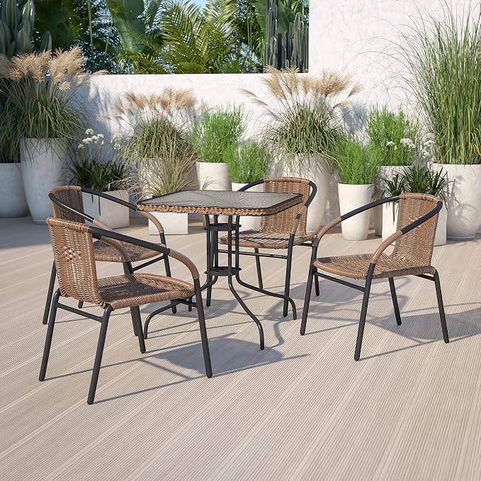 EMMA + OLIVER 28" Square Tempered Glass Metal Table with Dark Brown Rattan Edge