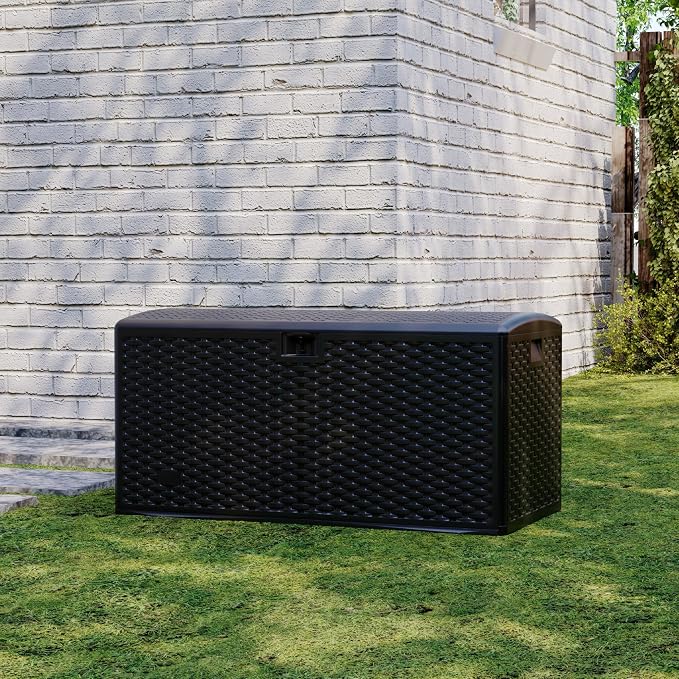 99 Gallon Waterproof Large Resin Deck Box Indoor Outdoor, Lockable Storage Container for Patio Furniture Cushions, Throw Pillows, Garden Tools, and Pool Floats Black 50" L x 26" W x 25" H
