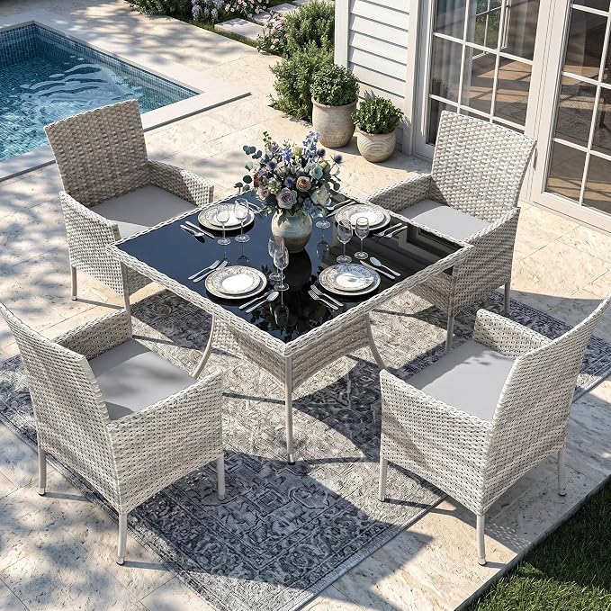 Outdoor Dining Set, 5-Piece Patio Furniture Set with Tempered Glass Table and 4 Cushioned Chairs, Dual-Strand Wicker Rattan, Balcony Furniture for Backyard, Garden, Deck,– Gray
