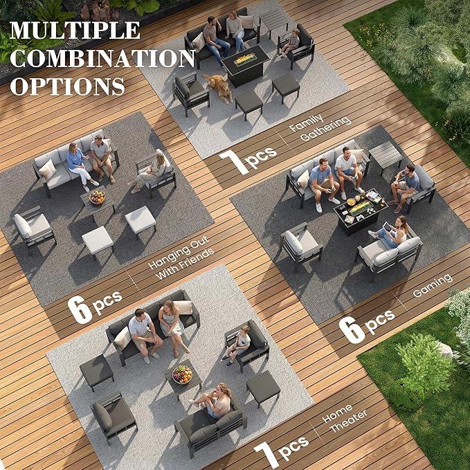UDPATIO Aluminum Patio Furniture Set with 2 Ottomans, 6 Pieces All-Weather & UV-Resistant Outdoor Furniture for Deck, Backyard, Poolside, Dark Gray