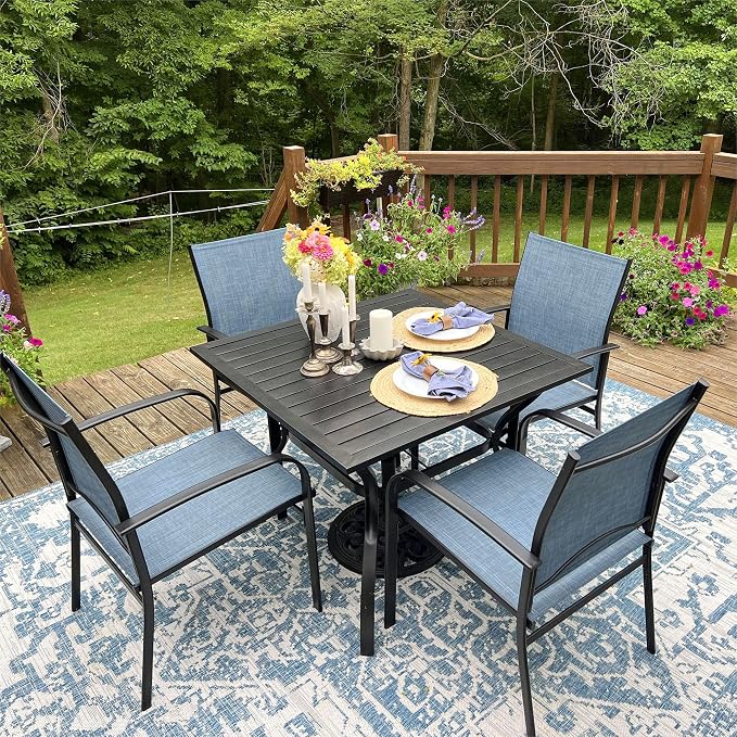 MIXPATIO 5 Pieces Patio Table and Chairs Set, 4 Person Outdoor Dining Furniture Set, 4 Blue Textilene Chairs and 37" Square Metal Table with Umbrella Hole, for Deck Backyard Lawn