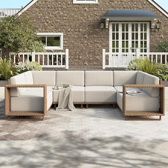 HERA'S HOUSE 6 Pieces Patio Furniture Set, Sectional Outdoor Rattan Wicker Sofa, All Weather Patio Conversation Set with 5.3" Widened Armrest, 10" Ultra Thick Comfy Sponge Cushion, Patio Couch