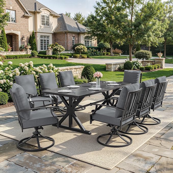 ALAULM 9-Piece Patio Dining Set, Outdoor Metal Dining Set with 8 Swivel Chairs & Rectangle Table with 1.5 Umbrella Hole, Patio Dining Table and Chairs for Backyard, Grey
