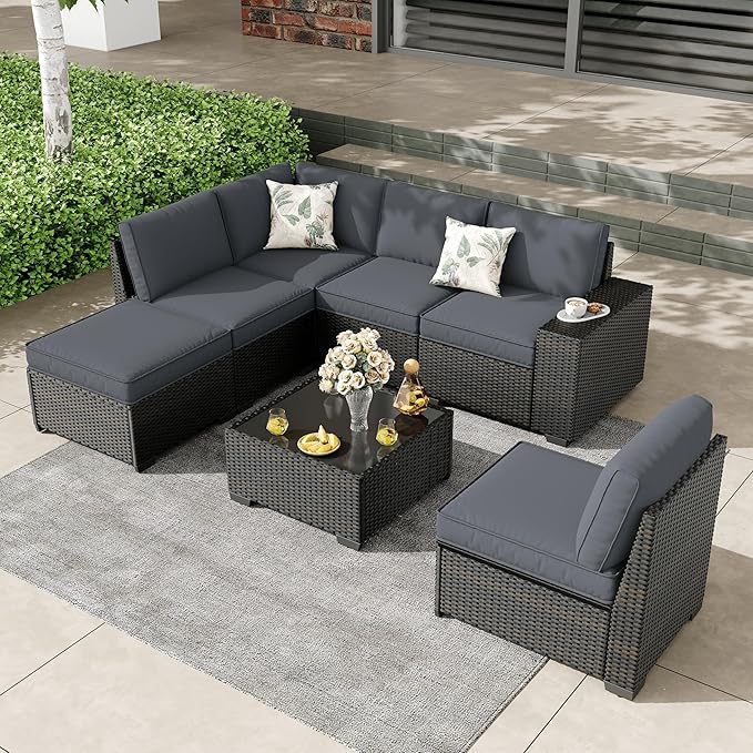 7 Pieces Patio Furniture Set, Wicker Outdoor Conversation Sets with Tea Table, Rattan Patio Sofa with Thick Cushions for Garden, Backyard Porch, Poolside, Patry, Gray