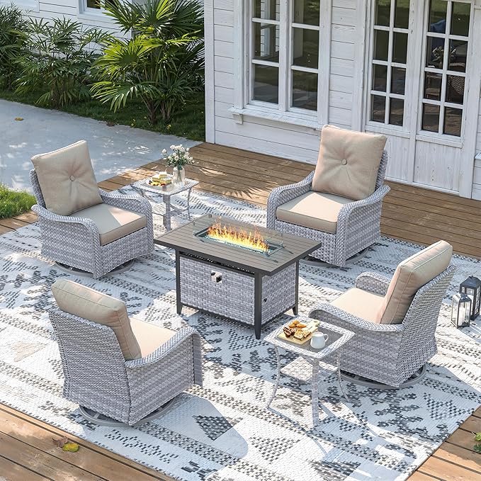 7 Piece Wicker Patio Furniture Set with 55,000 BTU Fire Pit Table, Swivel Rocking Chairs, 4''Cushions, PE Rattan, Wind Guard Glass, for Backyard, Deck or Balcony, Beige