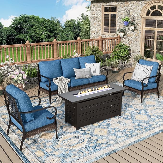 Patio Furniture Set with Firepit Table, Black Frame Outdoor Conversation Set with 2 x Fixed Chairs, 1 x 3-Seat Sofa for Lawn Garden Backyard, Pacific Blue