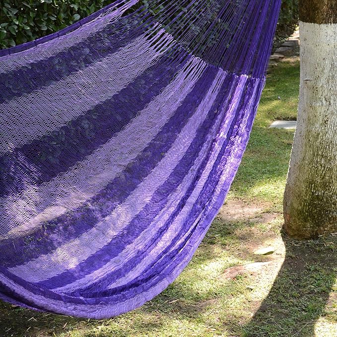 NOVICA Bright Purple Striped Hand Woven Nylon Mayan 2 Person XL Rope Hammock with Hanging Accessories, 'Lilac Blossom' (Double)