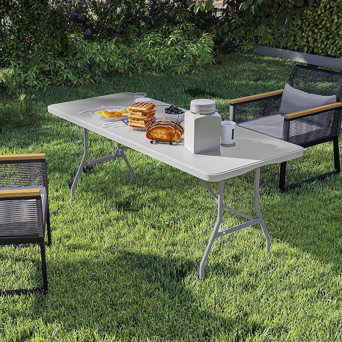 YITAHOME Heavy-Duty 6ft Folding Table with Handle, Portable Rectangle Folding Table for Easy Storage, Ideal for Outdoors Camping, Picnics, Parties & Indoor Events, White