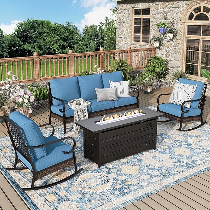 Patio Furniture Set with Firepit Table, Black Frame Outdoor Conversation Set with 2 x Rocking Chairs, 1 x 3-Seat Sofa for Lawn Garden Backyard, Navy Blue