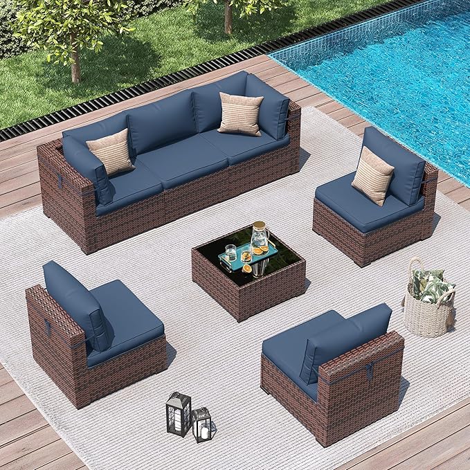 Amopatio Patio Furniture Set with Waterproof Cover, Modular Outdoor Sectional 7 Piece Wicker Patio Set, Multiple Combinations Outdoor Sofa w/Coffee Table, Navy Blue