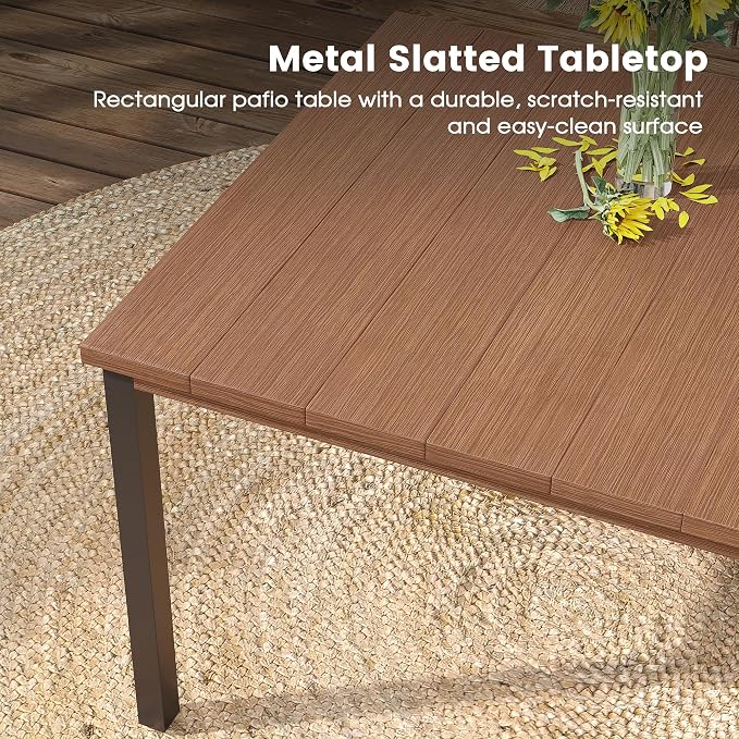 DIFY 7 Pieces Outdoor Patio Dining Set for 6, Swivel Dining Chairs with Brown Textilene and 63" Walnut Rectangle Metal Dining Table, Outdoor Table and Chairs for Lawn Garden Backyard Deck