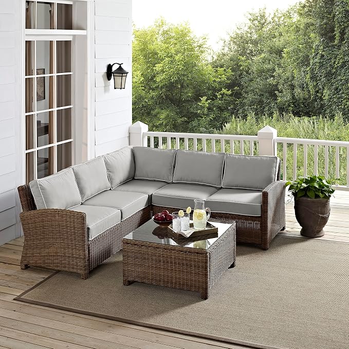 Crosley Furniture Bradenton 4-Piece Outdoor Sectional Sofa Wicker Conversation Patio Furniture Set for Deck, Brown with Gray Cushions
