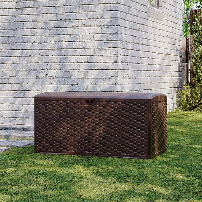 Takywep 99 Gallon Lockable Resin Deck Box, Waterproof & UV Resistant Outdoor Storage Chest, Patio Storage Bench for Cushions, Garden Tools & Pool Accessories, Brown Webbing
