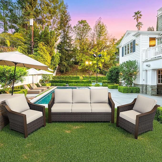 3 Pieces Outdoor Patio Conversation Furniture Set - 75" 3-seat Sofa | 2 Wicker Chairs, Metal Wicker Couch, Removable Cushions, PE Rattan, Metal armrests, Yard (Beige and Brown Stripe)