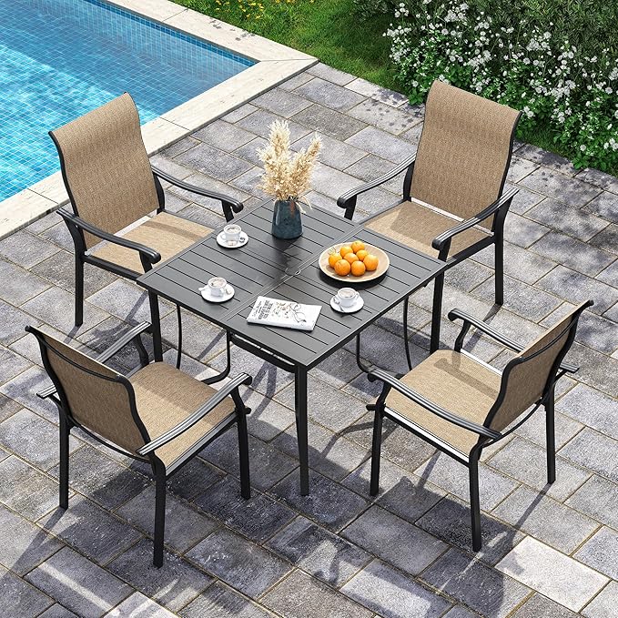 UDPATIO 5 Piece Outdoor Patio Table and Chairs Set for 4, 37" Black Square Table with Umbrella Hole, Metal Brown Patio Chairs Set of 4, Patio Table with Chairs, Outdoor Patio Dining Set for Lawn