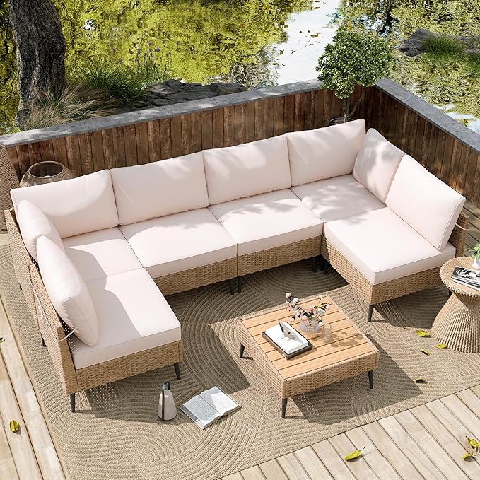 Outdoor Patio Furniture Set, 7 Piece Outdoor Sectional Sofa Wicker Patio Conversation Couch Set, All Weather PE Rattan Sofa with Table and Cushions for Garden, Poolside, Backyard (Beige)