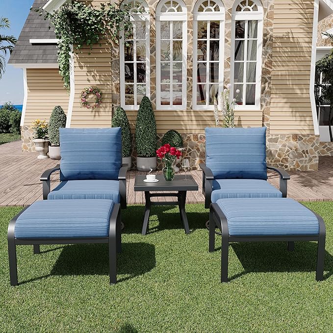 HOMREST Outdoor Swivel Rocker Patio Chairs with Ottomans and Coffee Table 5 PCS Bistro Set, 360 Degree Swivel Rocking Chair Patio Conversation Set with Thickened Cushions for Garden, Deck and Poolside