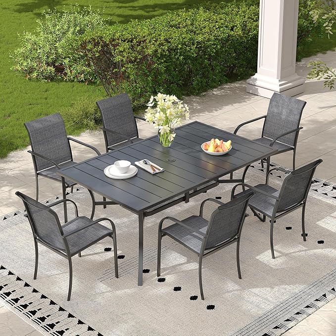 7 Pieces Outdoor Dining Set, Stackable Textilene Patio Chairs & 59.2" Rectangle Dining Table with Umbrella Hole and Shelf, Patio Dining Set for Backyard, Deck, Garden, Grey & Black