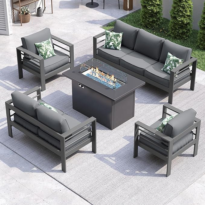 UDPATIO Aluminum Patio Furniture Set, 5 Pieces Outdoor Conversation Set with Fire Pit Table, All-Weather Modern Sectional Sofa for Patio, Deck, Backyard, Dark Grey/Dark Grey