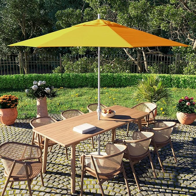 California Umbrella 11Ft Fiberglass Rib Patio Umbrella, Hand-Crank, Tilt-Collar, White Frame, Solution Dyed Lemon Fabric