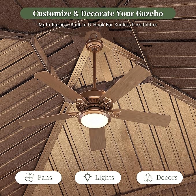 Aoxun 10'x10' Hardtop Gazebo with 4 LED Lights, Outdoor Gazebo with Galvanized Steel Double Roof, Patio Gazebo with Breathable Netting & Privacy Curtain, Decor Hooks for Backyard, Brown