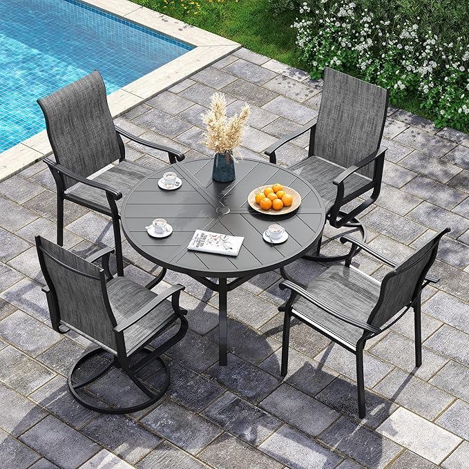 UDPATIO 5 Piece Outdoor Patio Table and Chairs Set for 4, 39" Black Round Table with Umbrella Hole, Gray Patio Chairs, Patio Table with Chairs, Outdoor Patio Dining Set for Lawn, Backyard, Deck