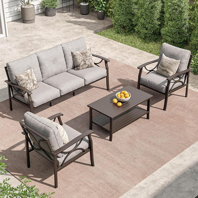 RoyalCraft Outdoor Patio Furniture Set, 4 Piece Patio Conversation Set with Coffee Table, Metal Furniture Set for Porch Backyard Garden, Grey