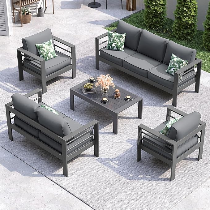 UDPATIO Aluminum Patio Furniture Set, 5 Pieces Outdoor Conversation Set with Waterproof Covers, All-Weather Modern Sectional Sofa for Patio, Deck, Backyard, Dark Grey/Dark Grey