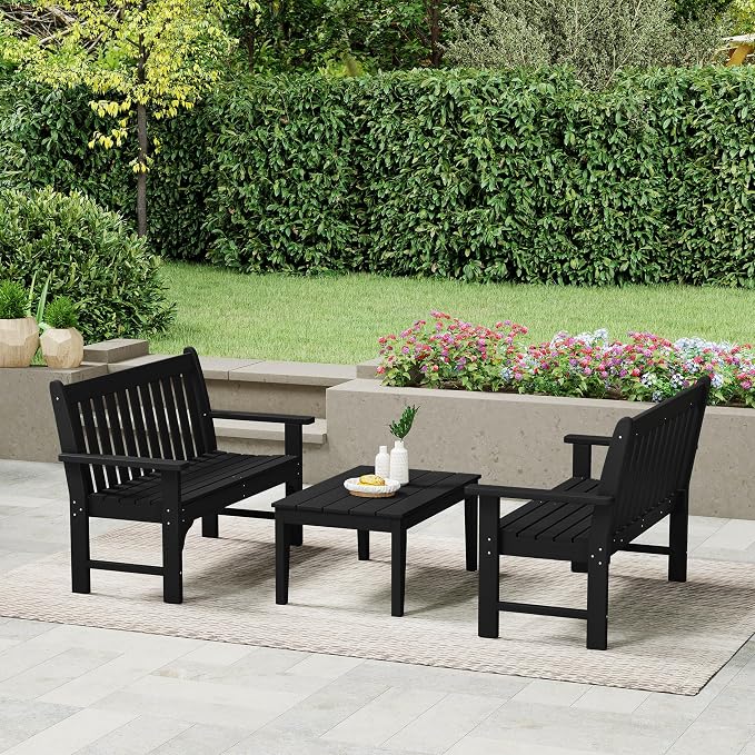 WestinTrends Malibu 3-Piece HDPE Outdoor Patio Furniture Couch and Coffee Table Set, Black