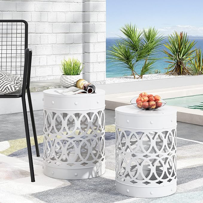 Set of 2 Round Metal Patio Side Tables Steel Accent End Tables with Geometric Circle Cut-Outs Weather Resistant Small Outdoor Furniture for Deck Pool Yard Balcony No Assembly,White