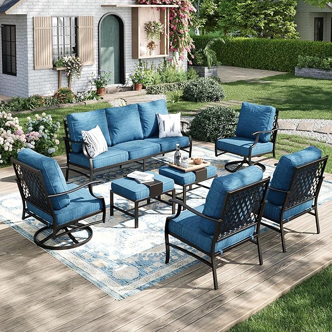 Patio Furniture Set 7 pcs, Outdoor Patio Furniture, 3-Seat Sofa, 2 Swivel Chairs, 2 Single Chairs, 2 Ottomans and 5.75" Extra Thick Cushion, Conversation Set for Deck,Gemstone Blue