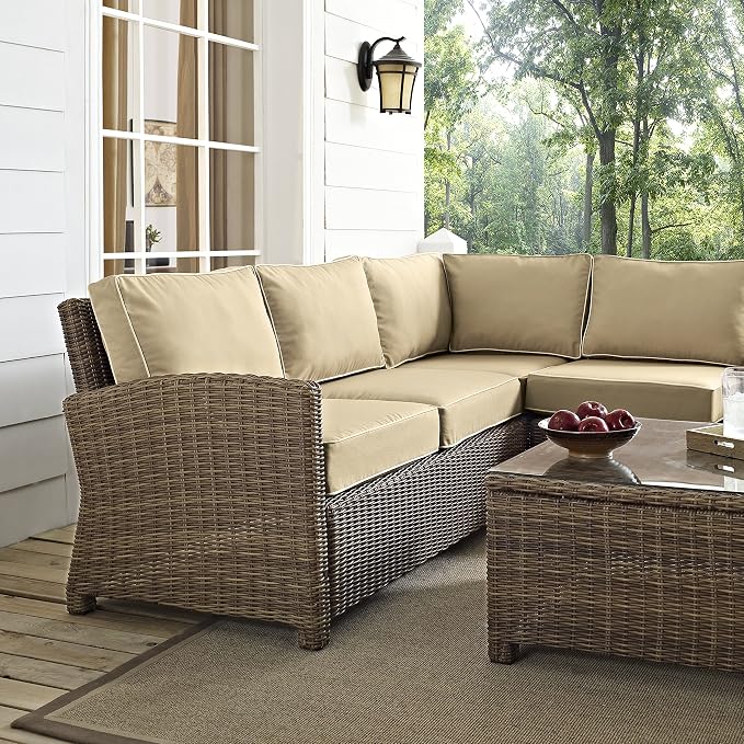 Crosley Furniture Bradenton 5-Piece Outdoor Sectional Sofa Wicker Conversation Patio Furniture Set for Deck, Brown with Sand Cushions