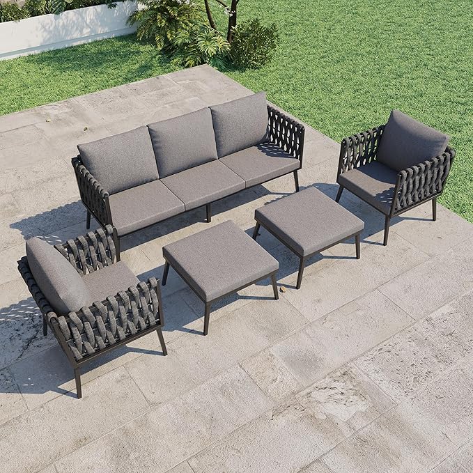 HOMREST Metal Patio Furniture Set, 5 Pieces Outdoor Aluminum Furniture w/High Back Chairs, Woven Rope Modern Patio Conversation Set for Balcony, Garden, Yard (7 Seats, Grey)