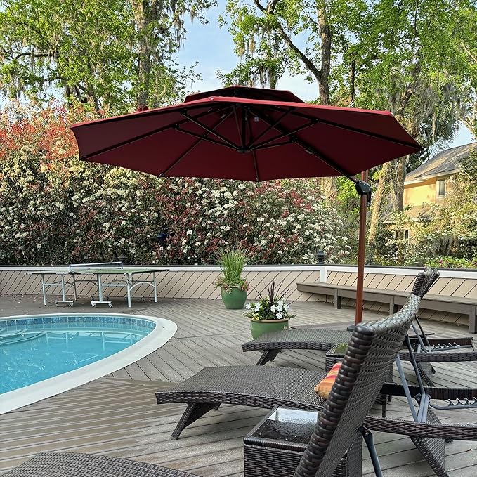 PURPLE LEAF Large 11ft Brick Red Cantilever Umbrella with Base, Windproof and UV Resistant